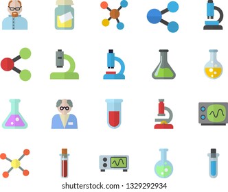 Color flat icon set chemistry flat vector, molecules, blood test, microscope, medical analysis, flask, molecule, oscilloscope, scientist, beakers