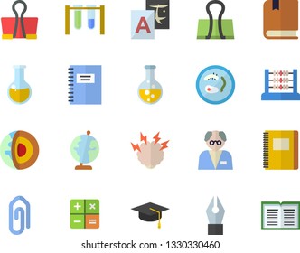 Color flat icon set chemistry flat vector, calculator, medical analysis, abacus, ink pen, globe, bachelor cap, textbook, brainstorm, notebook, scientist, beakers, Petri dish, translate, clip, binder