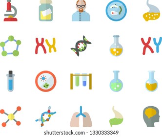 Color flat icon set chemistry flat vector, medical analysis, DNA, chromosomes, stomach, lungs, flask, molecule, microscope, scientist, beakers, Petri dish, brain fector