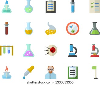 Color flat icon set chemistry flat vector, pipette, blood test, medical analysis, artificial insemination, stomach, clipboard, to do list, flask, microscope, gas burner, scientist, beakers