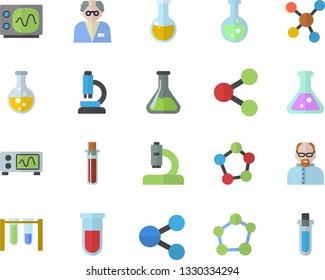 Color flat icon set chemistry flat vector, molecules, blood test, microscope, medical analysis, flask, molecule, oscilloscope, scientist, beakers