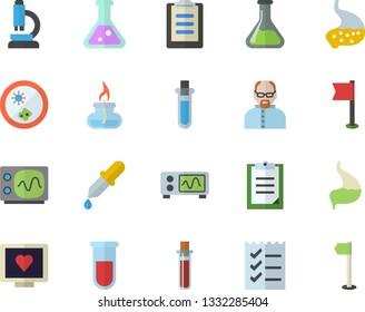 Color flat icon set chemistry flat vector, pipette, blood test, computer diagnostics of health, stomach, clipboard, to do list, flask, microscope, gas burner, oscilloscope, scientist, beakers