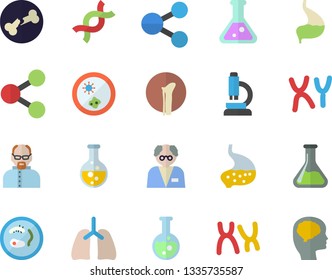 Color flat icon set chemistry flat vector, molecules, DNA, chromosomes, bone fracture, stomach, lungs, flask, microscope, scientist, Petri dish, brain fector