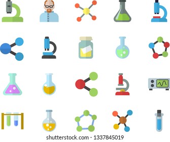 Color flat icon set chemistry flat vector, molecules, microscope, medical analysis, flask, molecule, oscilloscope, scientist, beakers