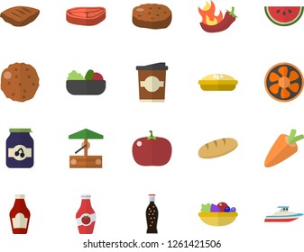 Color flat icon set chop flat vector, ketchup, carrot, bread, watermelon, salad, pie, cutlet, hot peppers, tomato, lemonade, coffe, jam, well, ventilation, yacht fector