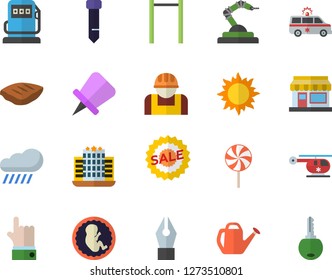 Color flat icon set chop flat vector, lollipop, grain warehouse, watering can, sun, rain, refueling, construction worker, robotics, sell out, ambulance, helicopter, embryo, ink pen, tie, drawing pin
