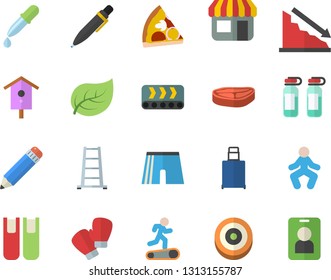 Color flat icon set chop flat vector, pizza, nesting box, ladder, tree leaf, conveyor, store front, crisis, pipette, ampoule, pencil, book, pen, athletic shorts, boxing gloves, target, Treadmill