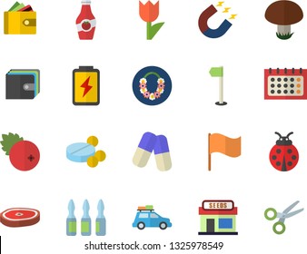 Color flat icon set chop flat vector, cranberry, ketchup, mushroom, ladybird, grain warehouse, tulip, battery, magnet, purse, flag, calendar, pills, ampoule, sports, car fector, hawaiian wreath