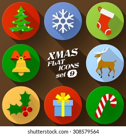 Color flat icon set of christmas elements. Pack of symbols for new year holiday. Vector graphics