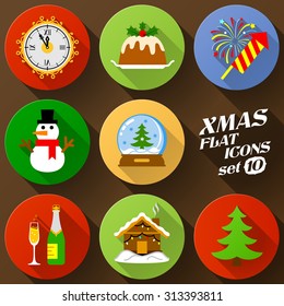 Color flat icon set of christmas elements. Pack of symbols for new year holiday. Vector graphics