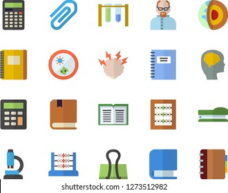 Color flat icon set clip flat vector, abacus, calculator, book, stapler, microscope, textbook, brainstorm, notebook, scientist, beakers, Petri dish, brain fector, core of the earth, binder
