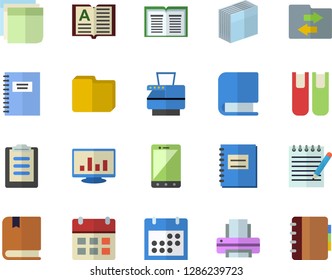 Color flat icon set clipboard flat vector, calendar, notebook, computer chart, file, sticker, printer, copy machine, book, notepad, textbook, sharing, mobile