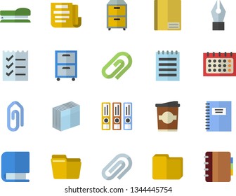 Color flat icon set coffe flat vector, calendar, notebook, clip, document, computer file, ink pen, sticker, to do list, archive, book, stapler, notepad, folders for papers