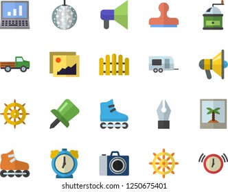 Color flat icon set coffee grinder flat vector, pickup truck, fence, drawing pin, ink pen, computer, roller Skates, trailer fector, disco ball, camera, photo, steering wheel, gallery, stamp