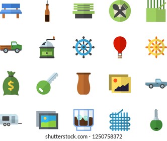 Color flat icon set coffee grinder flat vector, jugful, sauce, whiskey, pickup truck, bench, fabric manufacture, wealth, trailer fector, balloon, table setting, key, steering wheel, gallery