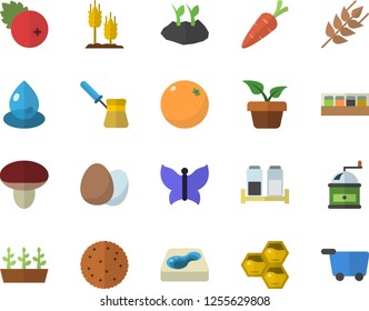 Color flat icon set coffee grinder flat vector, turk, spice, egg, ear, biscuit, cranberry, honeycomb, orange, mushroom, home plant, carrot, planting plants, seedlings, butterflies, pool, drop