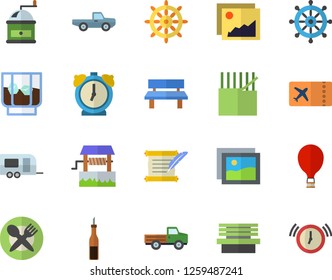 Color flat icon set coffee grinder flat vector, sauce, whiskey, well, pickup truck, bench, fabric manufacture, hostory roll, trailer fector, balloon, ticket, table setting, steering wheel, gallery