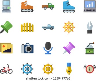 Color flat icon set coffee grinder flat vector, pickup truck, fence, drawing pin, ink pen, computer, roller Skates, bicycle fector, camera, steering wheel, gallery, microphone, alarm clock