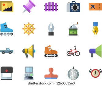 Color flat icon set coffee grinder flat vector, pickup truck, fence, drawing pin, ink pen, computer, roller Skates, bicycle fector, ticket, disco ball, camera, steering wheel, gallery, stamp