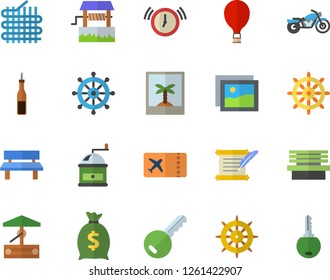 Color flat icon set coffee grinder flat vector, sauce, well, bench, fabric manufacture, wealth, hostory roll, motorcycle fector, balloon, ticket, photo, key, steering wheel, gallery, alarm clock