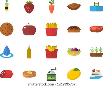 Color flat icon set coffee grinder flat vector, chop, lemon, biscuit, pancakes, sausage, salad, pie, carrot, tomato, French fries, Strawberry, canape, mustard, seedlings, drop, pool fector