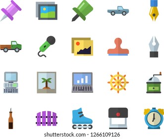 Color flat icon set coffee grinder flat vector, sauce, pickup truck, fence, drawing pin, ink pen, computer, roller Skates, photo fector, steering wheel, gallery, stamp, microphone, alarm clock