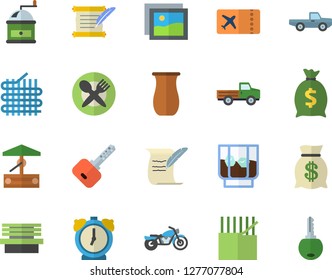 Color flat icon set coffee grinder flat vector, jugful, whiskey, well, pickup truck, bench, fabric manufacture, wealth, hostory roll, motorcycle fector, ticket, table setting, gallery, alarm clock