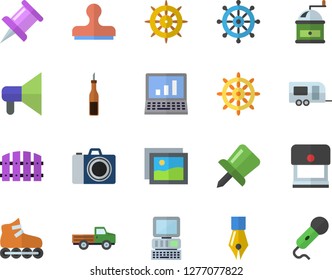 Color flat icon set coffee grinder flat vector, sauce, pickup truck, fence, drawing pin, ink pen, computer, roller Skates, trailer fector, camera, steering wheel, gallery, stamp, mouthpiece