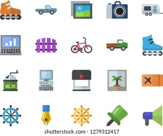 Color flat icon set coffee grinder flat vector, pickup truck, fence, drawing pin, ink pen, computer, roller Skates, trailer fector, bicycle, ticket, camera, photo, steering wheel, gallery, stamp