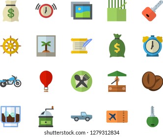 Color flat icon set coffee grinder flat vector, beans, whiskey, well, pickup truck, fabric manufacture, wealth, hostory roll, motorcycle fector, balloon, ticket, table setting, photo, gallery, key