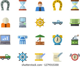 Color flat icon set coffee grinder flat vector, well, pickup truck, horseshoe, bench, person, computer, hostory roll, antique column fector, hourglass, steering wheel, alarm clock