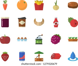 Color flat icon set coffee grinder flat vector, croissant, sausage, egg, cutlet, carrot, onion, tomato, French fries, lemonade, coffe, jam, cranberry, Strawberry, blackberry, ketchup, orange, well