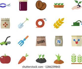 Color flat icon set coffee beans flat vector, tomato, jam, seeds, fertilizer vectory, carrot, pitchfork, shovel, hose, secateurs, seedlings, planting plants, lawn mower, ear