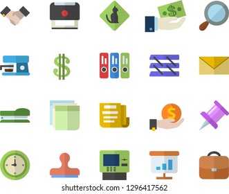 Color flat icon set coffee machine flat vector, dollar, investments, drawing pin, chart, clock, document, sticker, folder, paper tray, agreement, stamp, stapler, cash dispenser fector, pets allowed