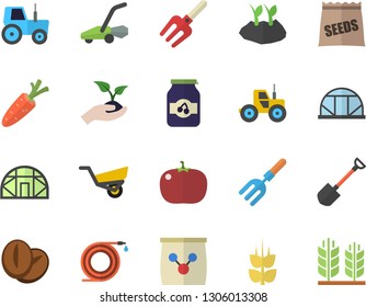 Color flat icon set coffee beans flat vector, tomato, jam, ear, seeds, carrot, tractor, pitchfork, shovel, hose, seedlings, planting plants, garden wheelbarrow, lawn mower, greenhouse