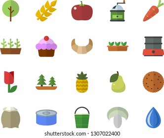 Color flat icon set coffee grinder flat vector, double boiler, flour, biscuit, croissant, cake, canned food, mushroom, tomato, pineapple, pear, carrot, tree, bucketful, tulip, seedlings, forest, ear