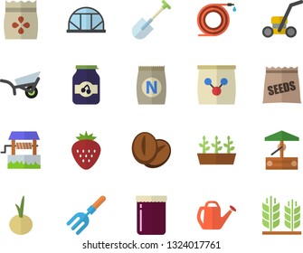 Color flat icon set coffee beans flat vector, onion, jam, Strawberry, seeds, fertilizer vectory, well, pitchfork, shovel, hose, watering can, garden wheelbarrow, seedlings, lawn mower, greenhouse