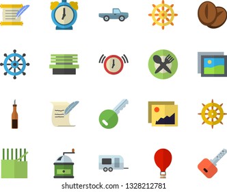 Color flat icon set coffee grinder flat vector, sauce, beans, pickup truck, bench, fabric manufacture, hostory roll, trailer fector, balloon, table setting, key, steering wheel, gallery, alarm clock