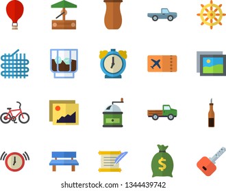 Color flat icon set coffee grinder flat vector, jugful, sauce, whiskey, well, pickup truck, bench, fabric manufacture, wealth, hostory roll, bicycle fector, balloon, ticket, steering wheel, gallery