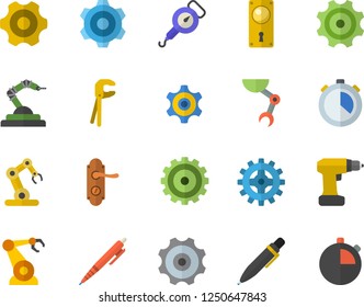 Color flat icon set cogwheel flat vector, tool, drill screwdriver, door lock, spring balance, robotics, pen, robot hand, industrial, stopwatch