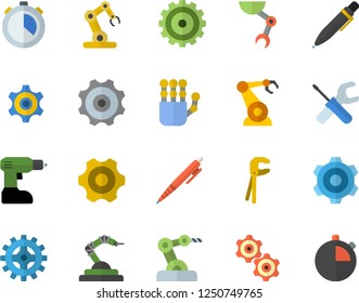Color flat icon set cogwheel flat vector, tool, drill screwdriver, robotics, pen, robot hand, industrial, stopwatch