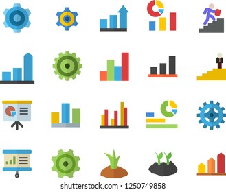 Color flat icon set cogwheel flat vector, planting plants, chart, statistics, statistic, career ladder, presentaition board, achievement