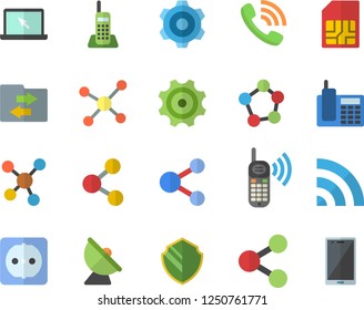 Color flat icon set cogwheel flat vector, sockets, satellite antenna, SIM card, molecules, phone call, telephone, laptop, molecule, security fector, share, broadcast, file sharing, mobile