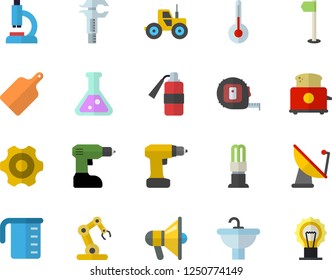 Color flat icon set cogwheel flat vector, drill screwdriver, tape measure, sink, meashuring cup, cutting board, toaster, temperature, tractor, energy saving lamp, satellite antenna, trammel, flask
