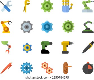 Color flat icon set cogwheel flat vector, tool, drill screwdriver, door lock, robotics, pen, robot hand, industrial, stopwatch
