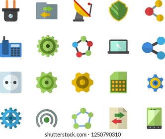 Color flat icon set cogwheel flat vector, socket, plug, satellite antenna, SIM card, molecules, telephone, laptop, molecule, security fector, share, broadcast, file sharing, mobile