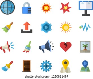 Color flat icon set cogwheel flat vector, paint brush, Entrance door, billboard, location, earth, mouthpiece, spark, electric discharge fector, sun, photo, upload, lock, heart