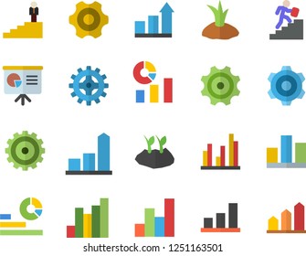 Color flat icon set cogwheel flat vector, planting plants, chart, statistics, statistic, career ladder, presentaition board, achievement