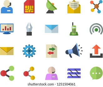 Color flat icon set cogwheel flat vector, satellite antenna, SIM card, molecules, mouthpiece, computer chart, ink pen, telephone, phone operator, paper tray, mail, share, broadcast, upload, message