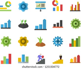Color flat icon set cogwheel flat vector, planting plants, chart, statistics, statistic, career ladder, presentaition board, achievement